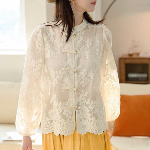 法式中国风灯笼袖天丝刺绣衬衫黄裙套装 | 法式浪漫与东方美学的碰撞，真的是美哭了【3-7天发货，周末顺延】 商品图1