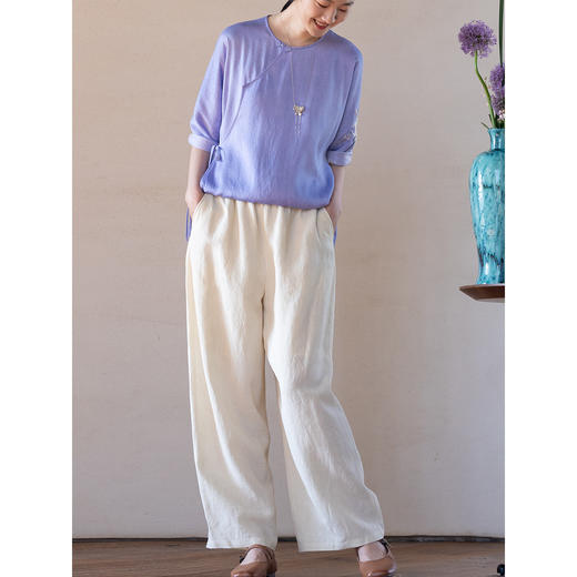 牧衣游原创 进口亚麻休闲长裤女新款宽松做旧复古百搭阔腿裤 归朴 商品图2