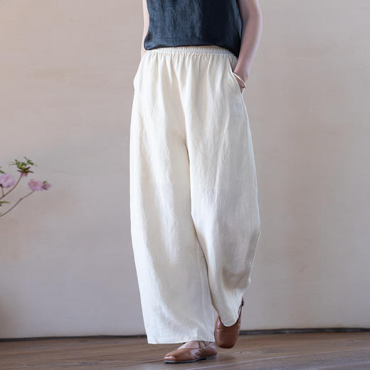 牧衣游原创 进口亚麻休闲长裤女新款宽松做旧复古百搭阔腿裤 归朴 商品图0