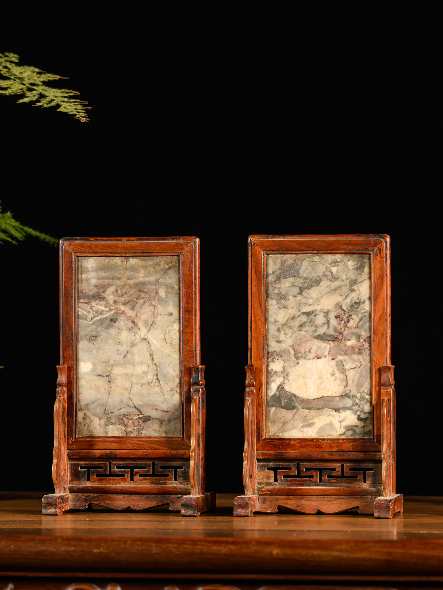 清	黄花梨镶云石砚屏（一对）