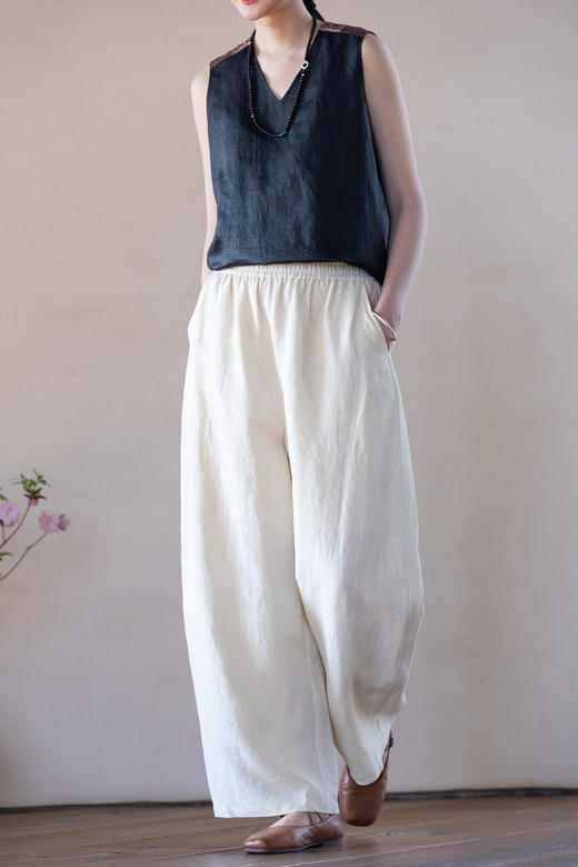 牧衣游原创 进口亚麻休闲长裤女新款宽松做旧复古百搭阔腿裤 归朴 商品图5