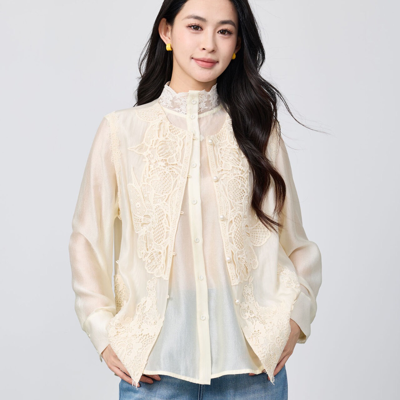 【轻奢丝感马甲衬衫套装】重工蕾丝马甲&高端品质宽松显瘦新中式气质花边立领小衫    0410