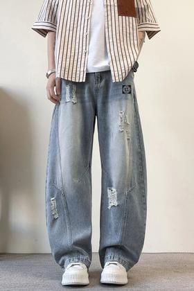 F040302春夏季新款宽松弯刀裤破洞高品质重工耐磨耐脏水洗情侣款直筒牛仔裤