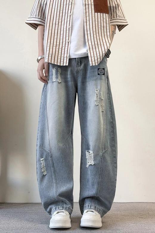 F040302春夏季新款宽松弯刀裤破洞高品质重工耐磨耐脏水洗情侣款直筒牛仔裤 商品图0