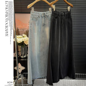 【复古鱼尾毛边牛仔裙】中长款春夏 新款半身长裙a字显瘦包臀裙