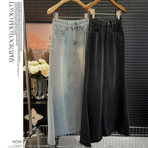 【复古鱼尾毛边牛仔裙】中长款春夏 新款半身长裙a字显瘦包臀裙 商品图0