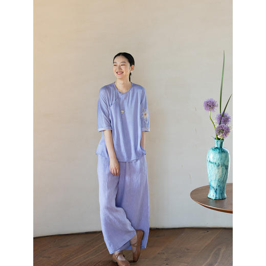 牧衣游原创 22姆米重磅双宫绸手工刺绣小衫古朴系带禅意上衣 星阳 商品图3