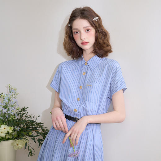 复古英伦风条纹文艺感翻领衬衫裙女春季学院风连衣裙LXD50309 商品图2