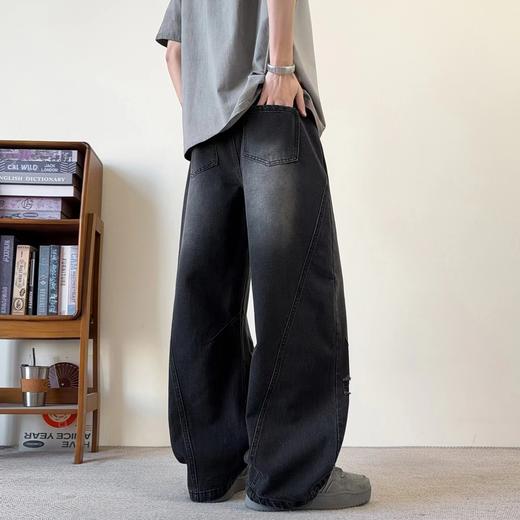 F040302春夏季新款宽松弯刀裤破洞高品质重工耐磨耐脏水洗情侣款直筒牛仔裤 商品图4