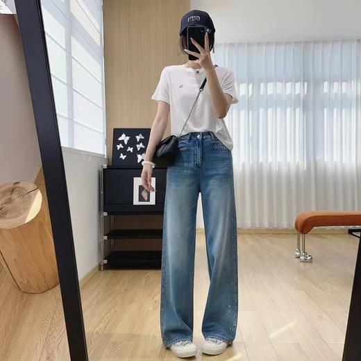 F040304春季新款阔腿牛仔裤女高腰垂感带钻满天星爆闪烫钻直筒长裤 商品图11