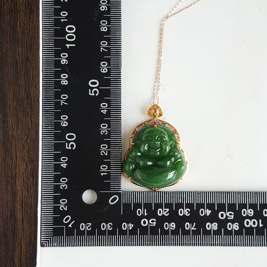 【天然正品】AU750黄金镶钻镶天然细腻油润度佳菠菜绿无黑点佛公碧玉和田玉吊坠项链43.1*32.3*12.4MM（皆取最大值）030426XY08 商品图2