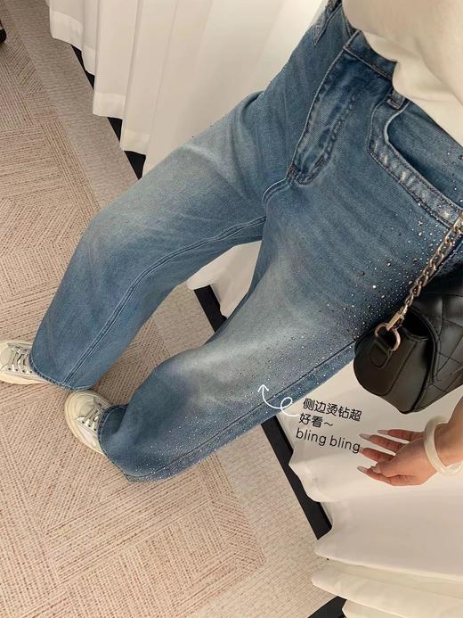 F040304春季新款阔腿牛仔裤女高腰垂感带钻满天星爆闪烫钻直筒长裤 商品图10