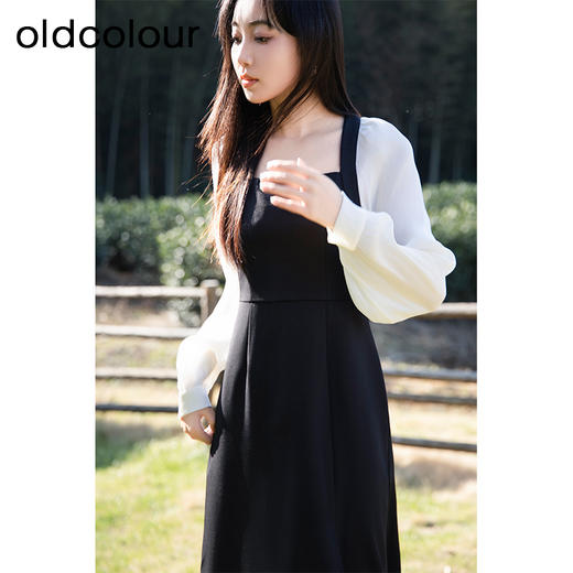 oldcolour春季新款优雅法式方领长袖赫本风小黑连衣裙女Q191007A1 商品图3
