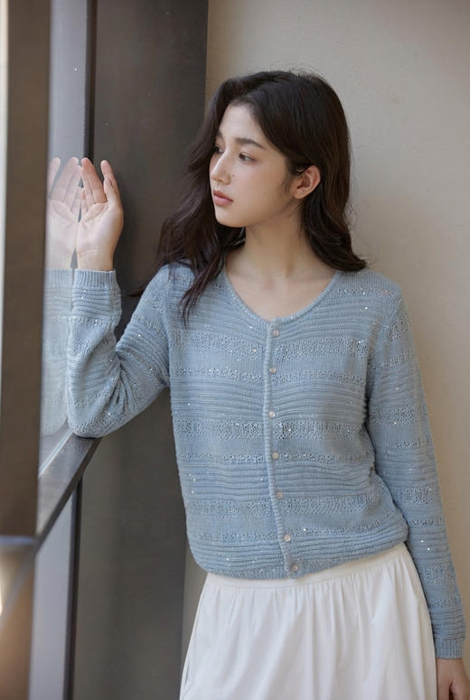 绝美会呼吸的和纸亚麻法式亮片镂空针织开衫 商品图2
