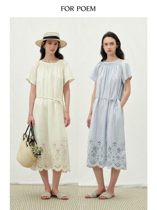 ForPoem 26/SS 原创设计下摆刺绣镂空短袖连衣裙度假风宽松裙子女 商品图0