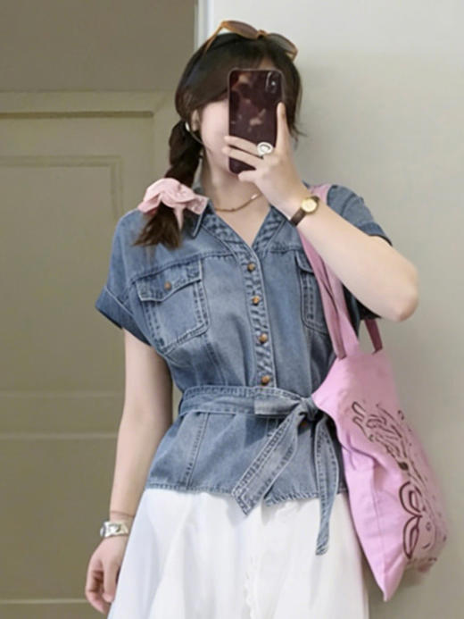 【百图lulu定制】【蓝调牛仔衬衫】复古  带本布腰带  原色牛仔  短袖衬衫 商品图0