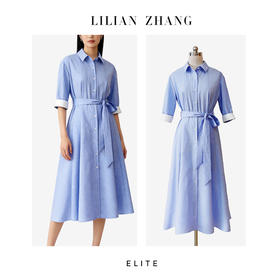 定制静奢风 「戛纳海风」盐系清简法式斜裁条纹蓝调衬衫裙 2601006