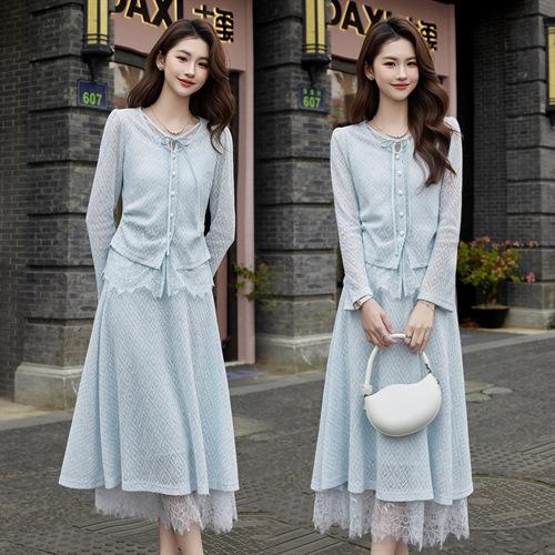 优雅风春装女装套装新款时尚蕾丝拼接针织上衣半身裙两件套ABS26002 商品图1