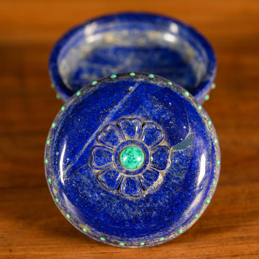 清	青金石嵌绿松石莲花盖盒（红木座） 商品图3