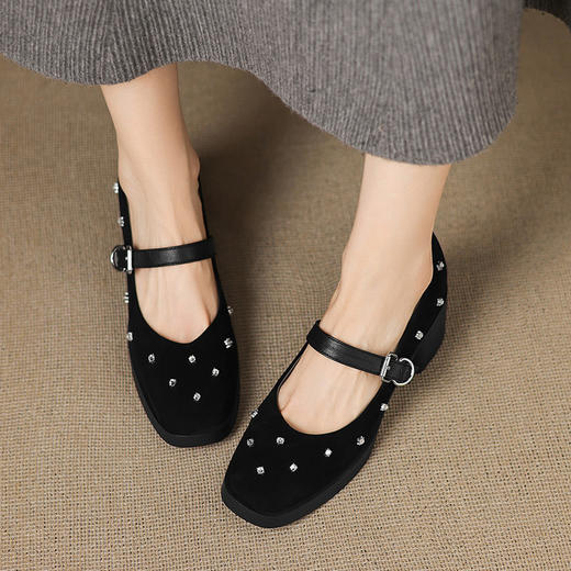 【预售5天】法式单鞋女浅口水钻厚底方头中跟粗跟真皮高跟鞋黑灰色玛丽珍鞋&A1323-1 商品图2