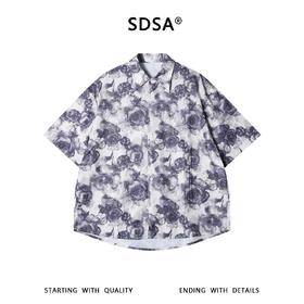SDSA男装2026新款高贵轻奢水墨玫瑰满印短袖衬宽松落肩休闲上衣