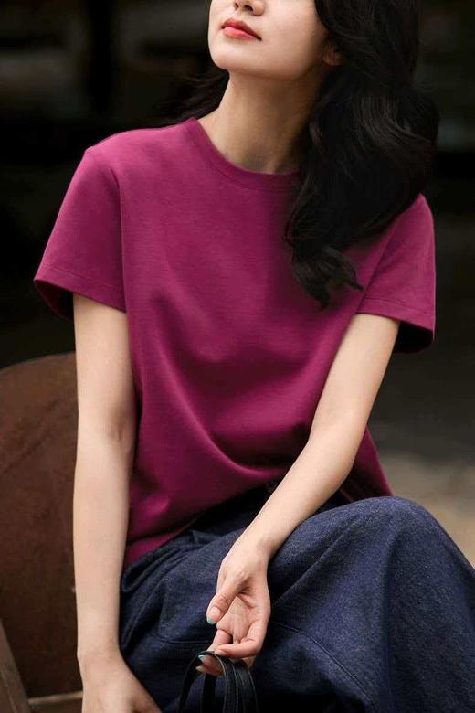 巨显白火龙果双面棉极简短袖T恤 商品图4