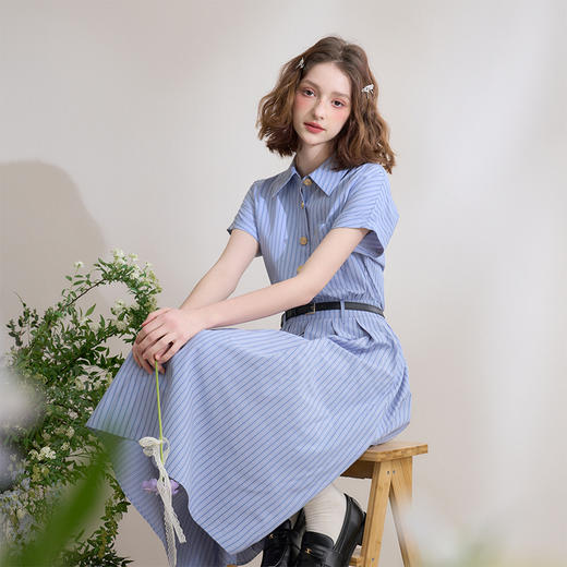 复古英伦风条纹文艺感翻领衬衫裙女春季学院风连衣裙LXD50309 商品图3