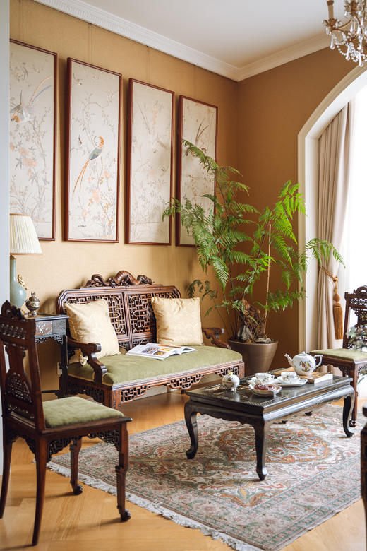 独角鹿西洋古董19世纪末20世纪初法国出品VIARDOT东方风格蟠龙回纹硬木精雕及镂雕装饰花叶主题螺钿镶嵌绿色绒布面沙发座椅三件套 商品图0