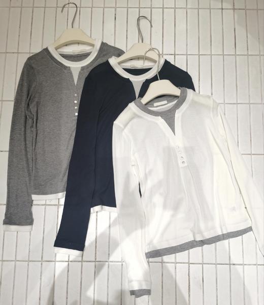 【门店同款】ENJOY秋季圆领半扣拼色假两件长袖T 166294395 商品图3
