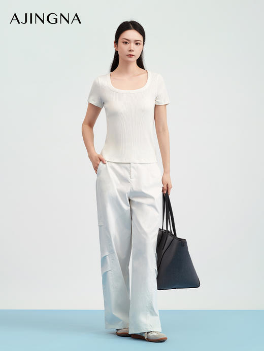 【商场同款】阿菁娜春夏季新款大U领针织T恤正肩设计显瘦遮肉竖坑条高弹亲肤A31X101019 商品图0