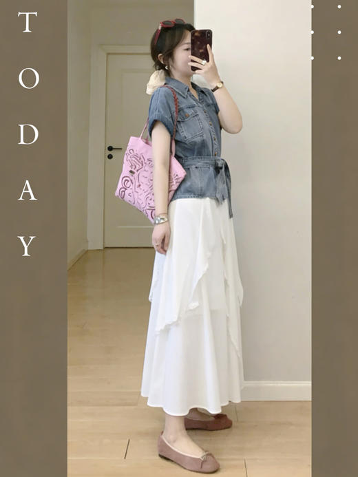 【百图lulu定制】【蓝调牛仔衬衫】复古  带本布腰带  原色牛仔  短袖衬衫 商品图4