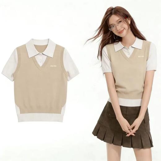 【xjwm1】春夏女士针织V领+翻领假两件短袖衬衫！！ 商品图0