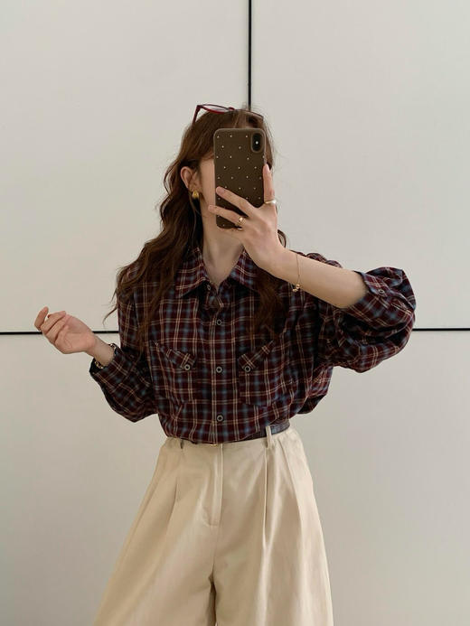 专柜实拍【全棉！亲肤透气】拉夏贝尔/La Chapelle必备品！韩系慵懒翻领排扣口袋长袖复古格子衬衫休闲百搭上衣 商品图4