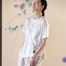 牧衣游原创 22姆米重磅双宫绸手工刺绣小衫真丝中式短袖上衣 云山