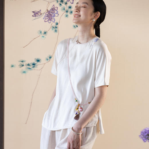 牧衣游原创 22姆米重磅双宫绸手工刺绣小衫真丝中式短袖上衣 云山 商品图0