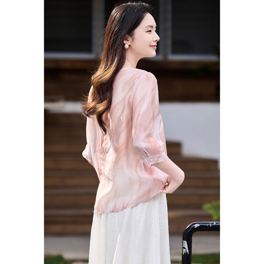 米思阳2026夏季高级感天丝亚麻印花衬衫优雅端庄气质小衫女1040 商品图3