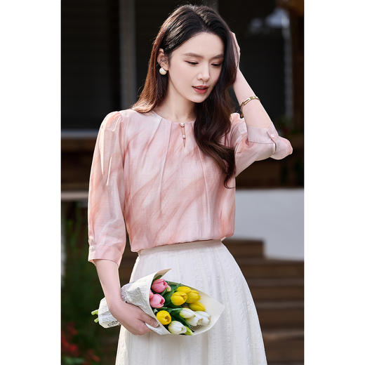 米思阳2026夏季高级感天丝亚麻印花衬衫优雅端庄气质小衫女1040 商品图1
