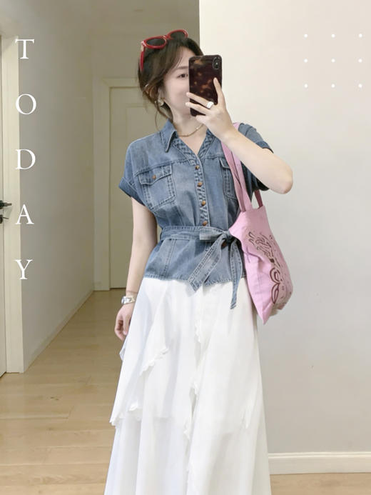 【百图lulu定制】【蓝调牛仔衬衫】复古  带本布腰带  原色牛仔  短袖衬衫 商品图3