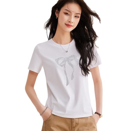 「自」全新升级【铂金会员119/天猫159/差价40】(73120)洛诗琳重工闪钻蝴蝶结T恤2026夏季新款亲肤凉感丝光短袖上衣 商品图4