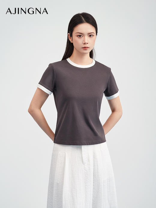 【商场同款】阿菁娜春夏季新款设计感白T恤撞色包边设计微宽松H型显瘦遮肉A31X101006 商品图4