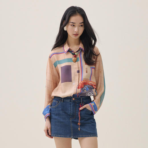 谜底趣味印花衬衣分袖2026夏新品复古显白桑蚕丝衬衫女262MC0475 商品图0