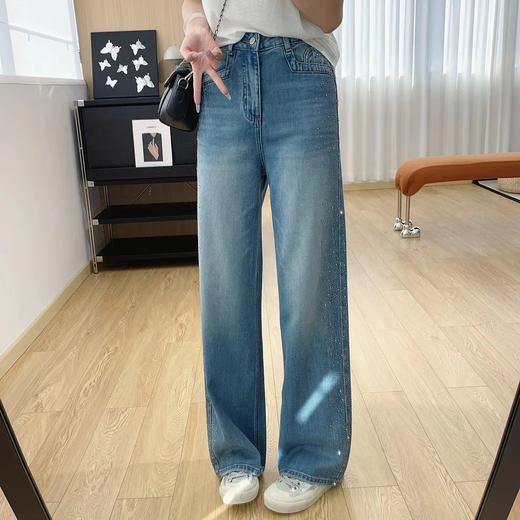 F040304春季新款阔腿牛仔裤女高腰垂感带钻满天星爆闪烫钻直筒长裤 商品图12