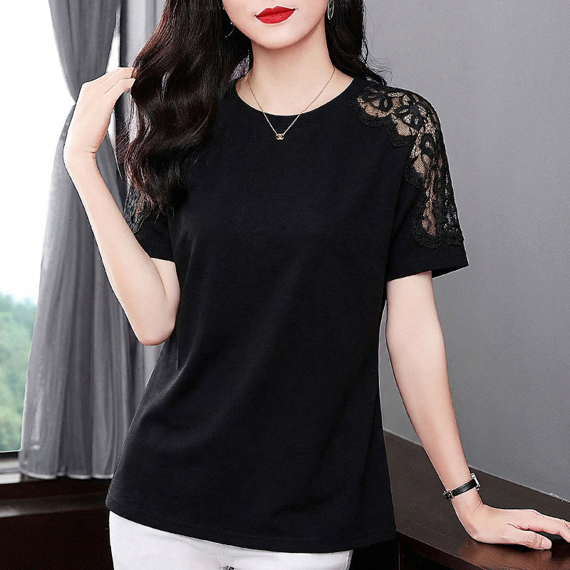 黑色蕾丝短袖T恤女士2026夏季新款大码女装正肩显瘦气质上衣减龄