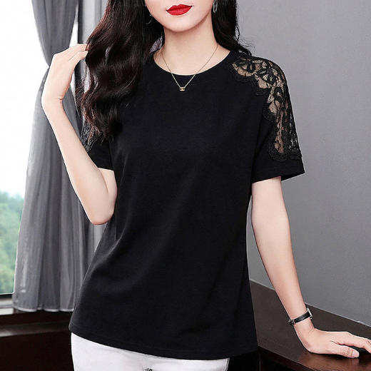 黑色蕾丝短袖T恤女士2026夏季新款大码女装正肩显瘦气质上衣减龄 商品图0