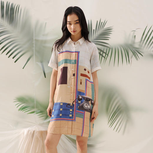 谜底艺术印花连衣裙短袖2026夏新品拼色百搭H型衬衫裙女262ML0642 商品图0