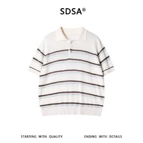 SDSA男装2026新款高贵轻奢慵懒风条纹肌理感针织翻领短袖T恤百搭