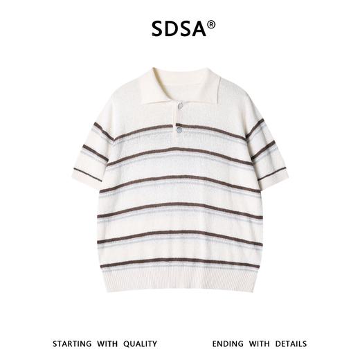 SDSA男装2026新款高贵轻奢慵懒风条纹肌理感针织翻领短袖T恤百搭 商品图0