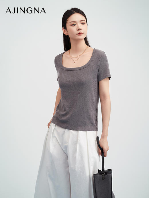 【商场同款】阿菁娜春夏季新款大U领针织T恤正肩设计显瘦遮肉竖坑条高弹亲肤A31X101019 商品图1