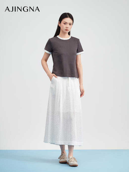 【商场同款】阿菁娜春夏季新款设计感白T恤撞色包边设计微宽松H型显瘦遮肉A31X101006 商品图3