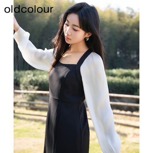 oldcolour春季新款优雅法式方领长袖赫本风小黑连衣裙女Q191007A1 商品图0